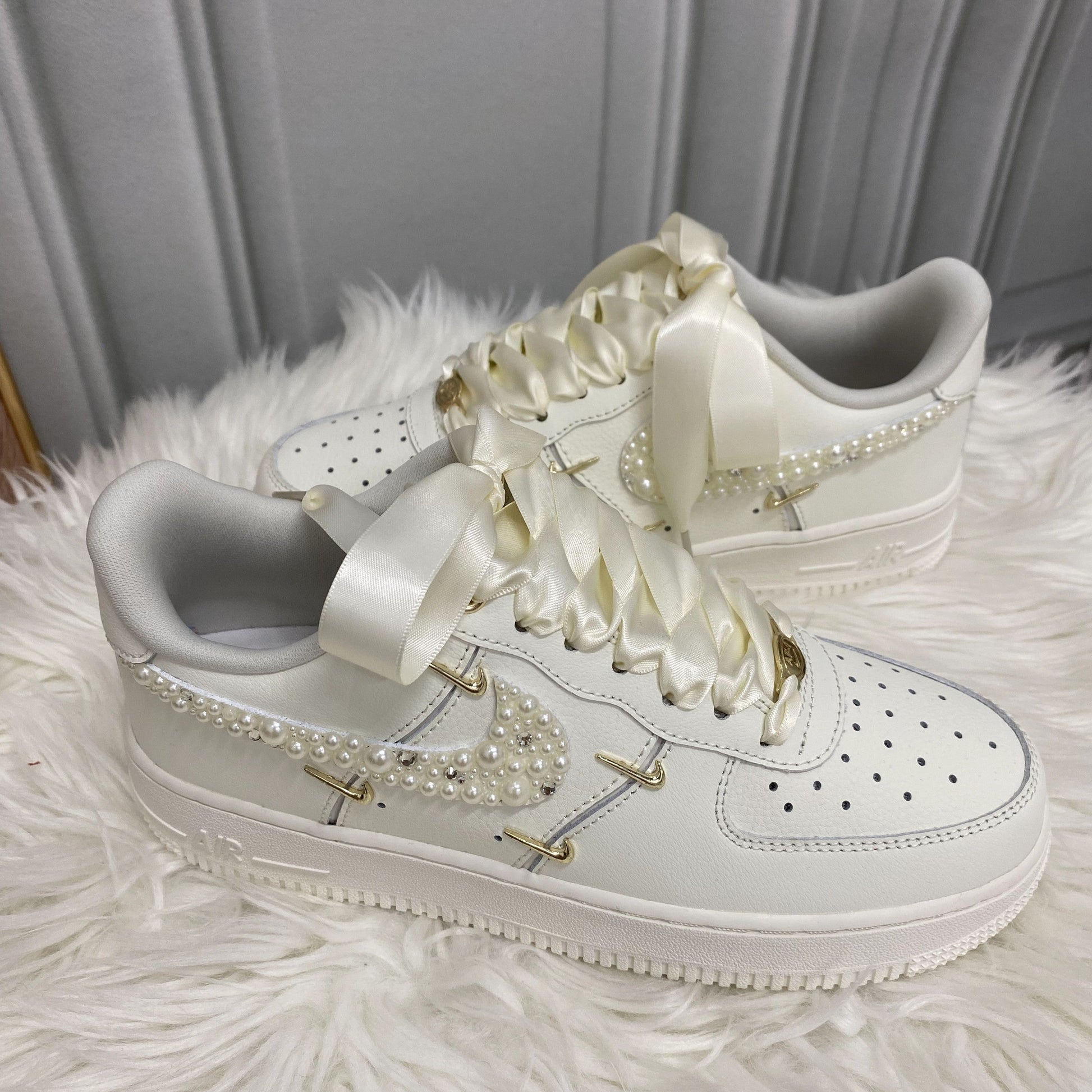 Custom Air Force 1 White Pearls Satin Ribbons