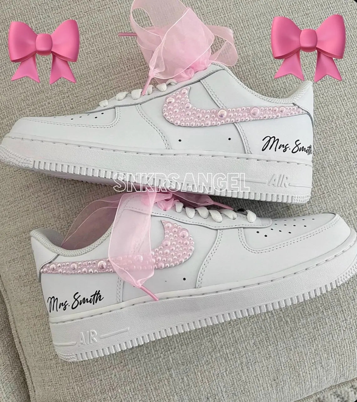 Custom Air Force 1 White Pink Pearl Bow And Name