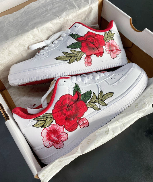 Custom Air Force 1 White Red And Pink Floral Patterns