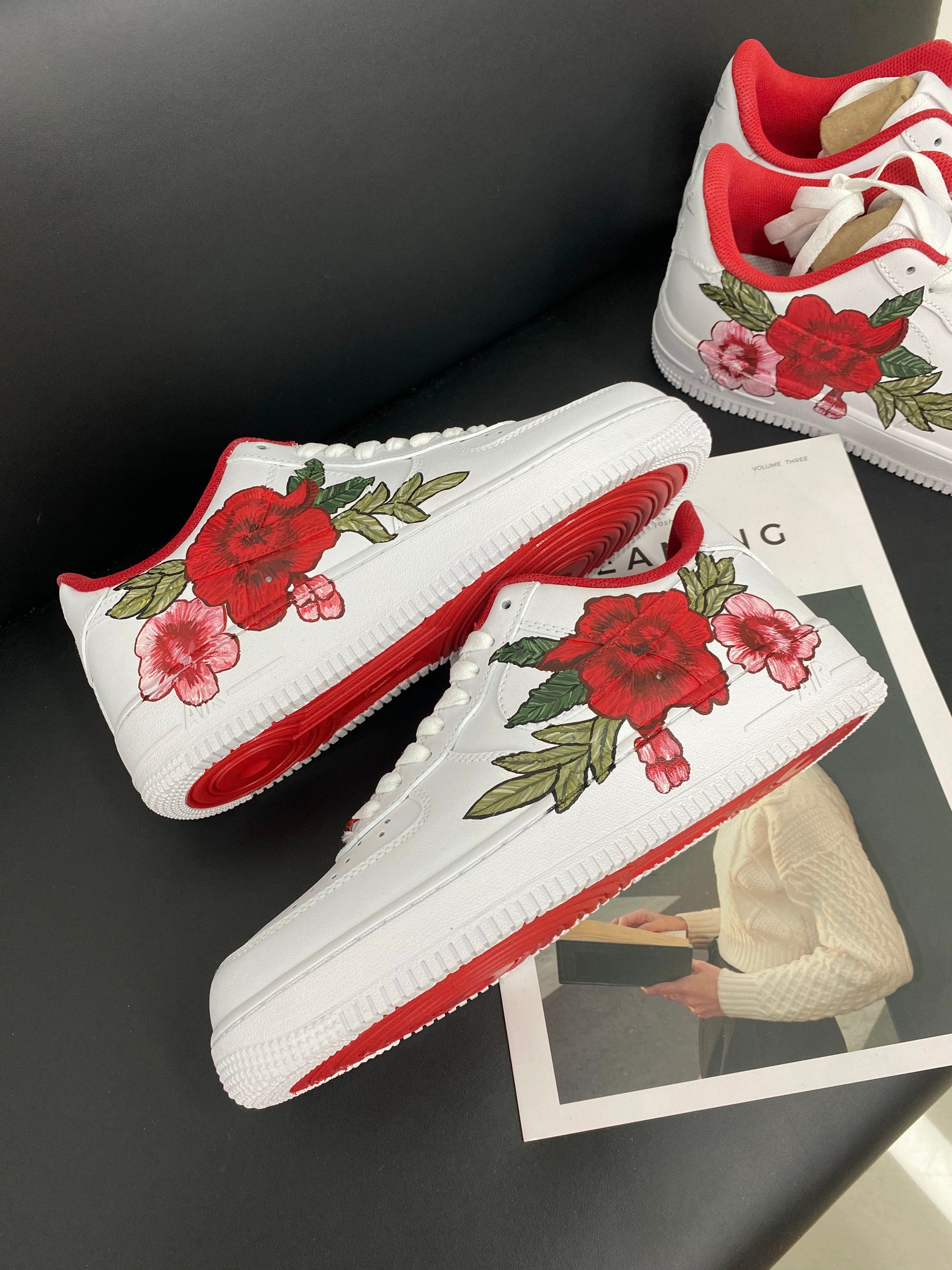Custom Air Force 1 White Red And Pink Floral Patterns