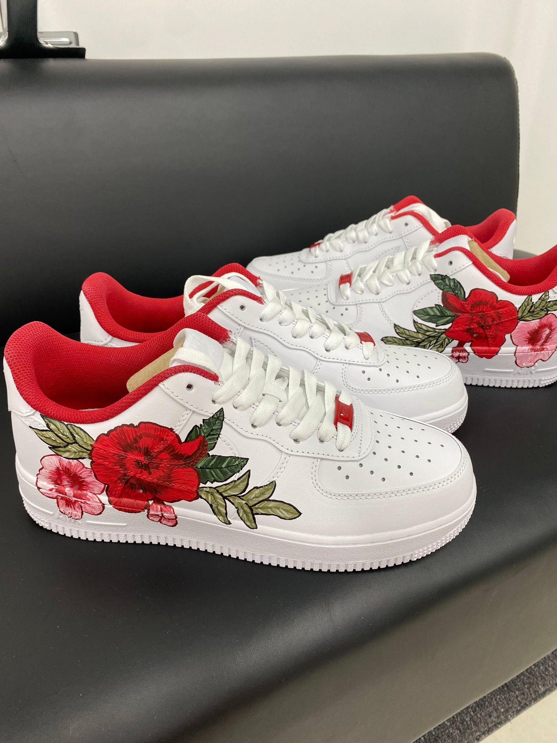 Custom Air Force 1 White Red And Pink Floral Patterns