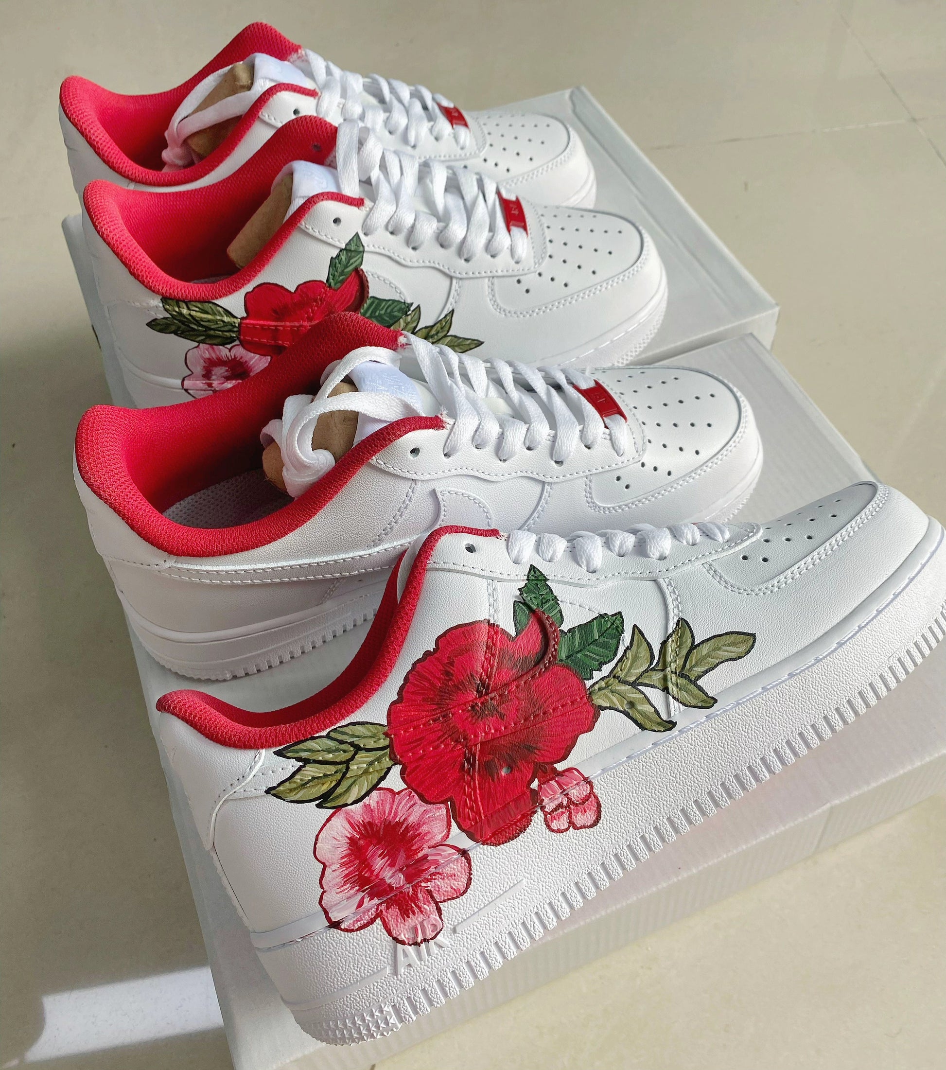 Custom Air Force 1 White Red And Pink Floral Patterns