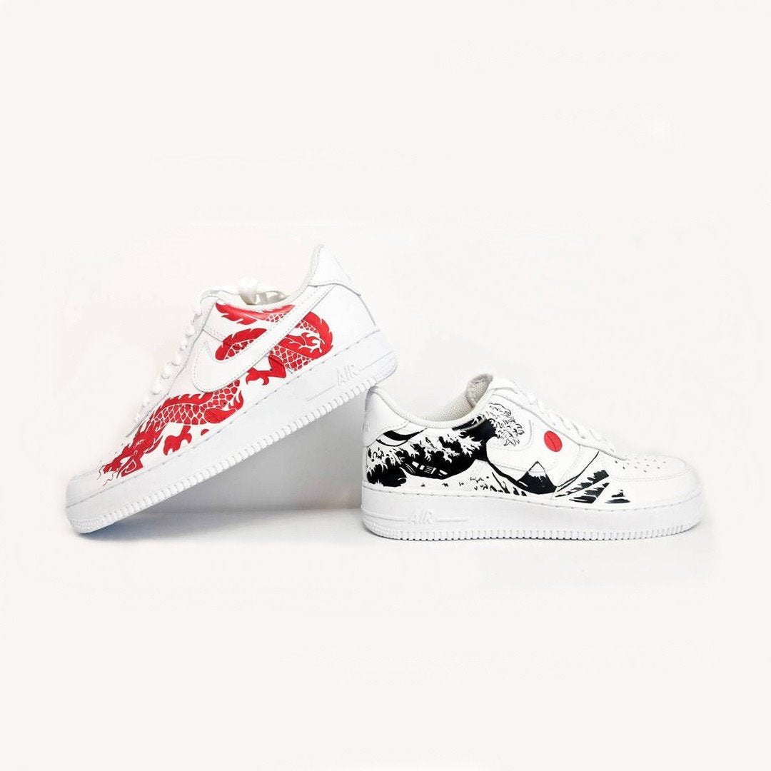 Custom Air Force 1 White Red Dragon And Black Wave
