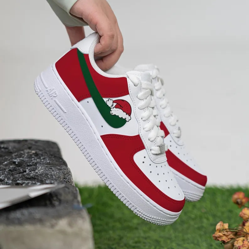 Custom Air Force 1 White Red Green with Santa Hat Design