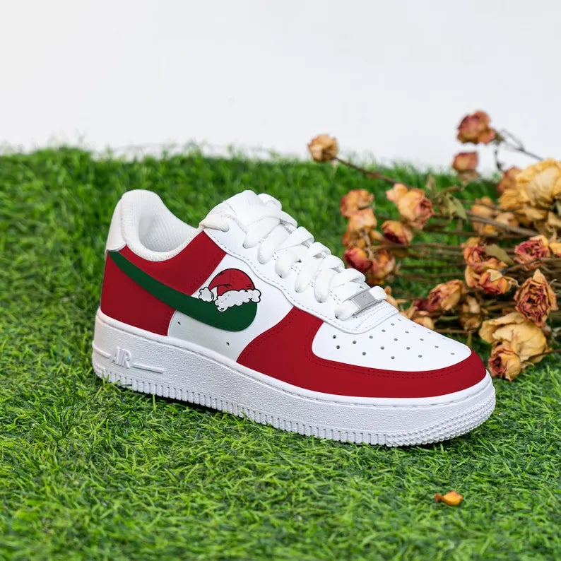 Custom Air Force 1 White Red Green with Santa Hat Design