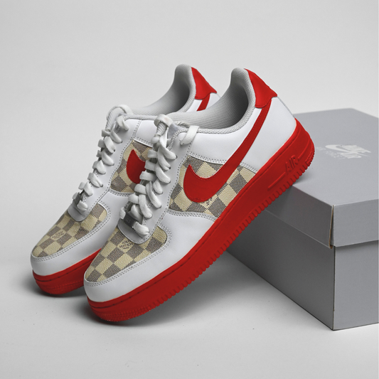 Custom Air Force 1 White Red with Beige LV Checkerboard