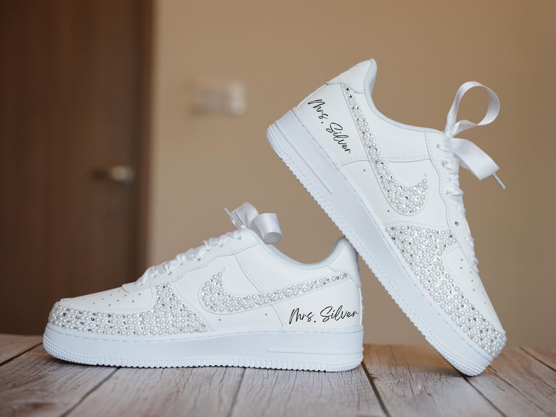 Custom Air Force 1 White Rhinestones And Pearls
