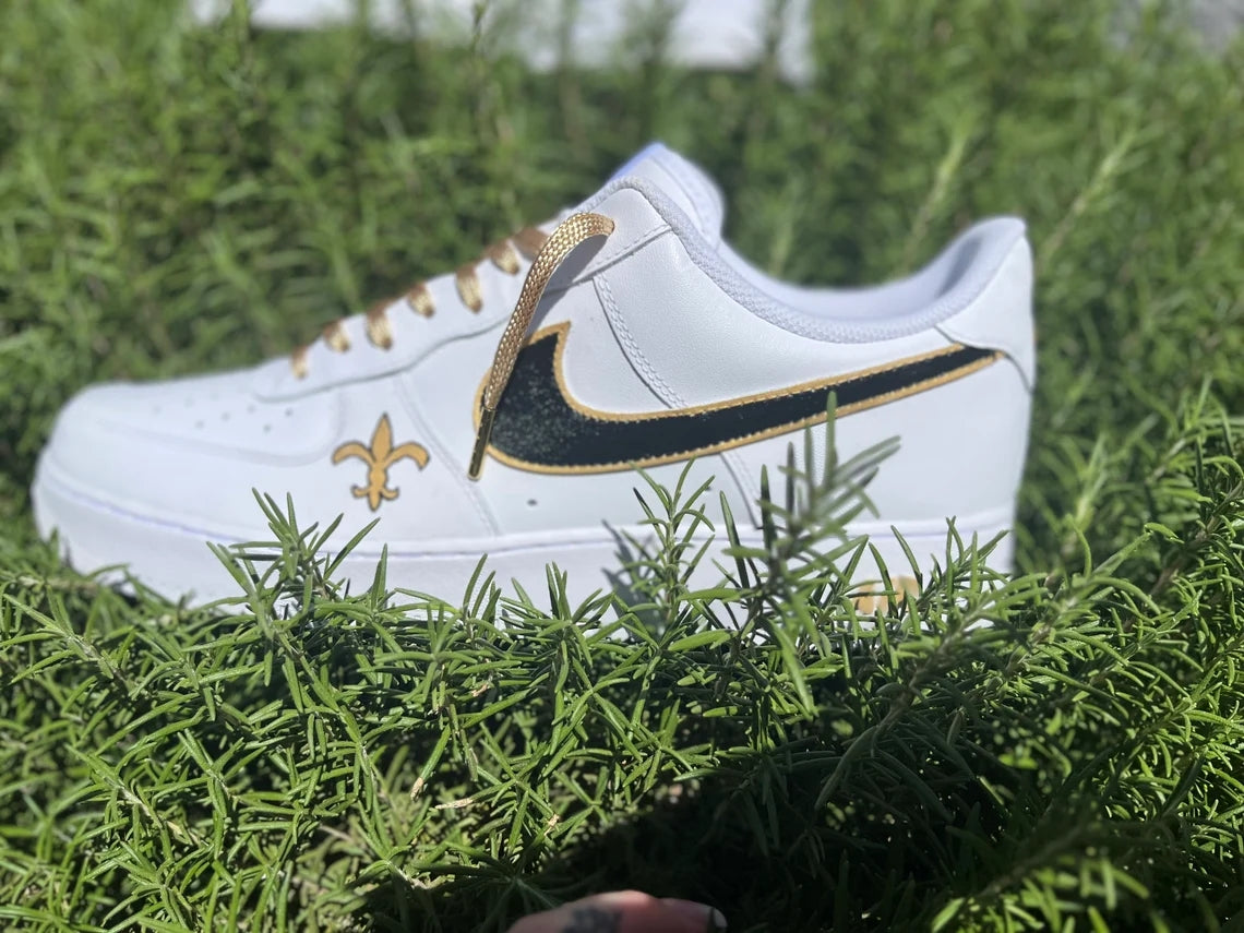 Custom Air Force 1 White with Black And Gold Accents Fleur - de - Lis Logo