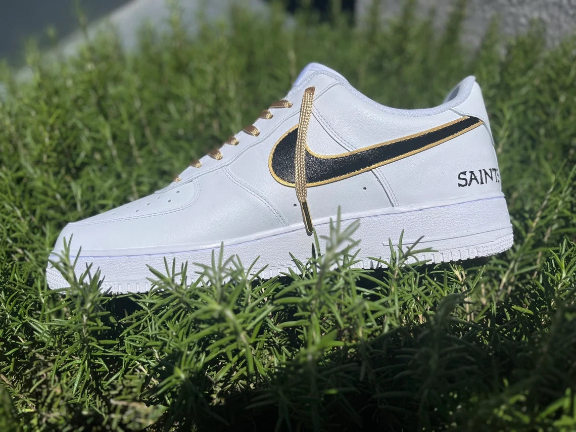 Custom Air Force 1 White with Black And Gold Accents Fleur - de - Lis Logo