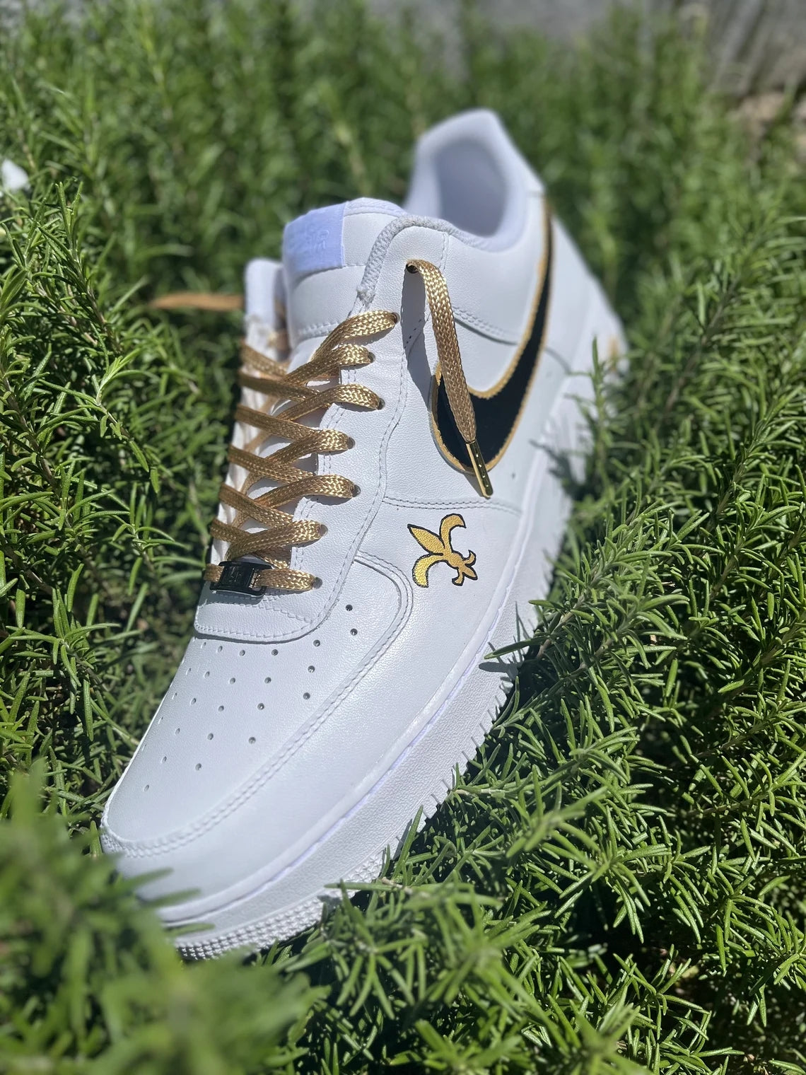 Custom Air Force 1 White with Black And Gold Accents Fleur - de - Lis Logo