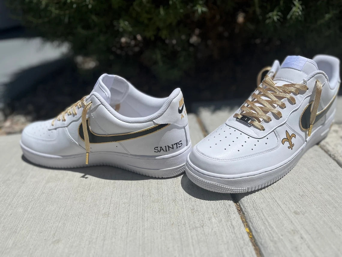Custom Air Force 1 White with Black And Gold Accents Fleur - de - Lis Logo
