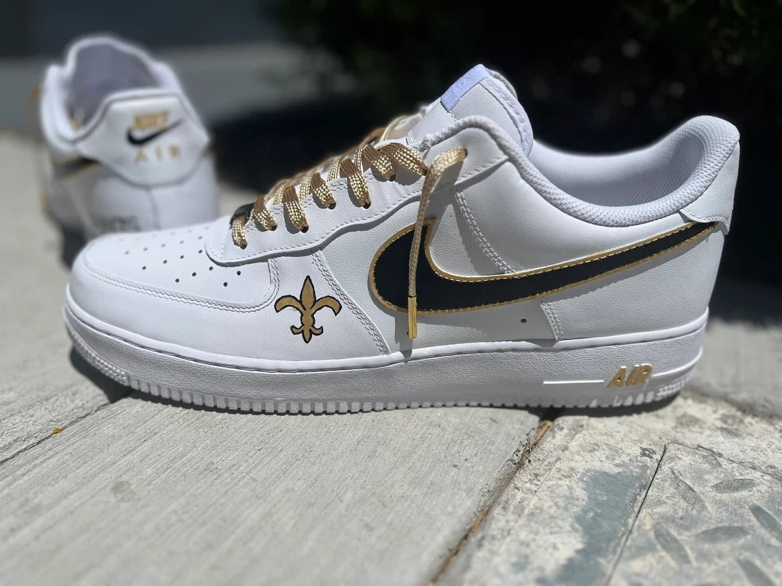 Custom Air Force 1 White with Black And Gold Accents Fleur - de - Lis Logo