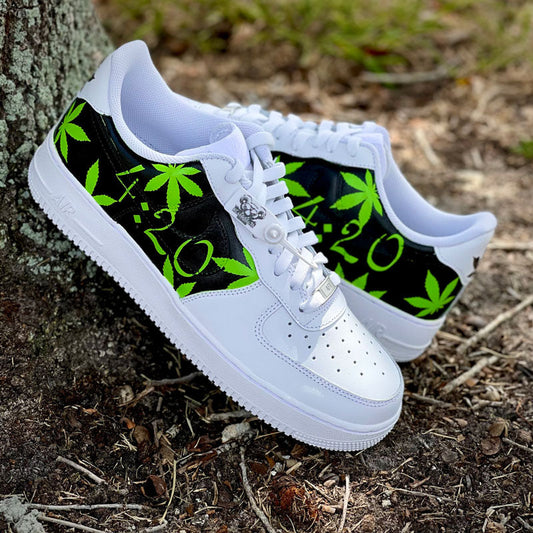 Custom Air Force 1 White With Black and Green Cannabis Leaf Pattern