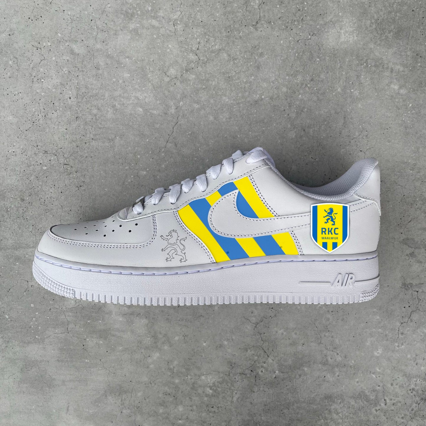 Custom Air Force 1 White With Blue And Yellow Stripes And RKC Logo