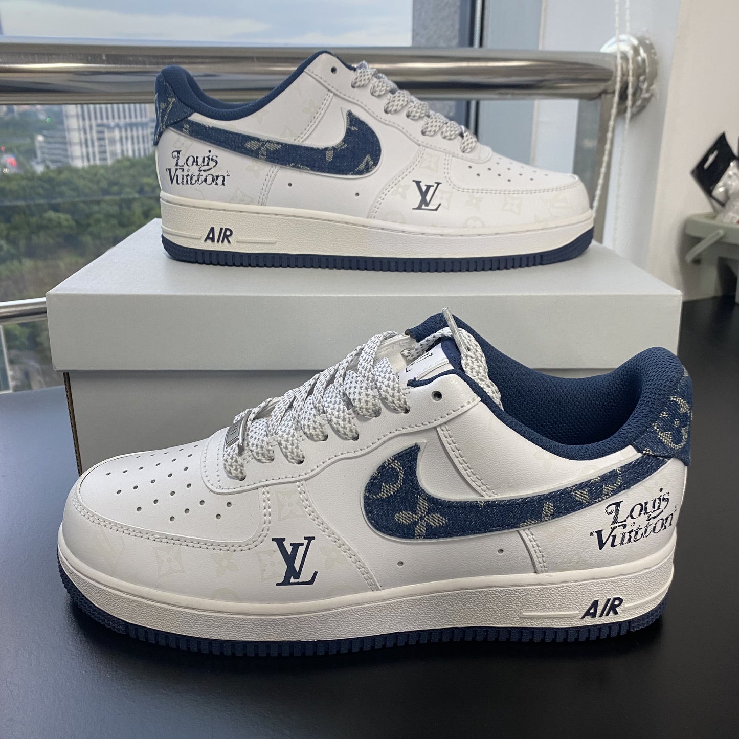 Custom Air Force 1 White with Blue LV Pattern