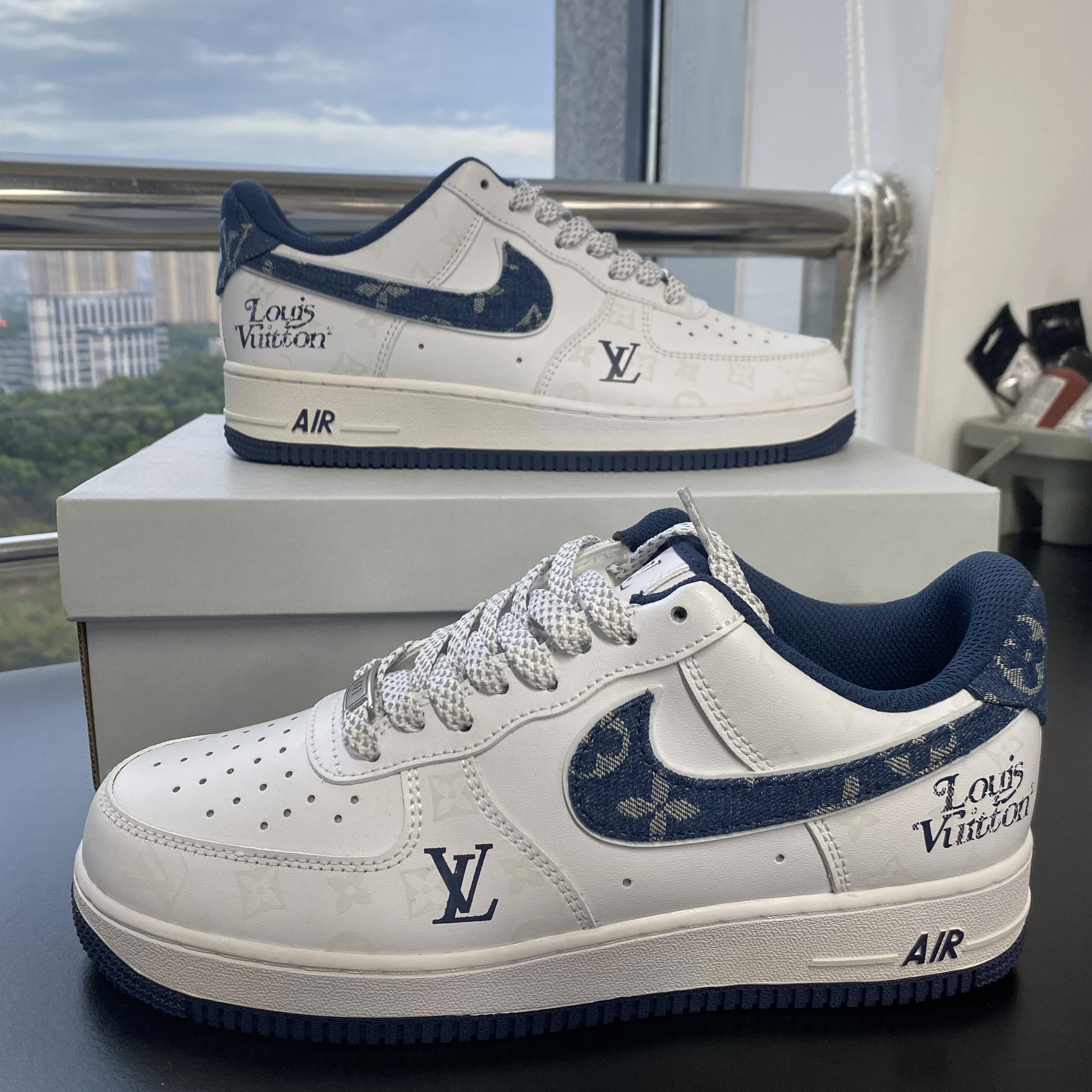 Custom Air Force 1 White with Blue LV Pattern