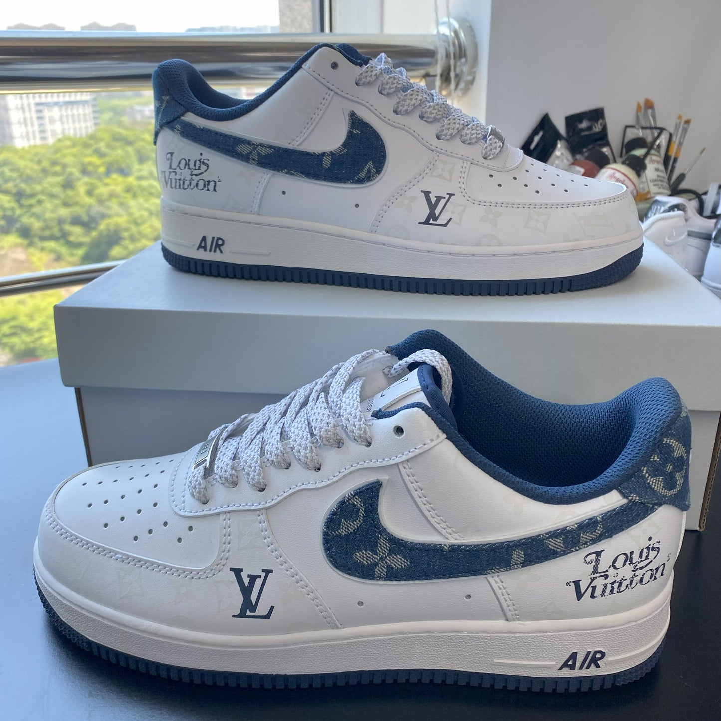 Custom Air Force 1 White with Blue LV Pattern