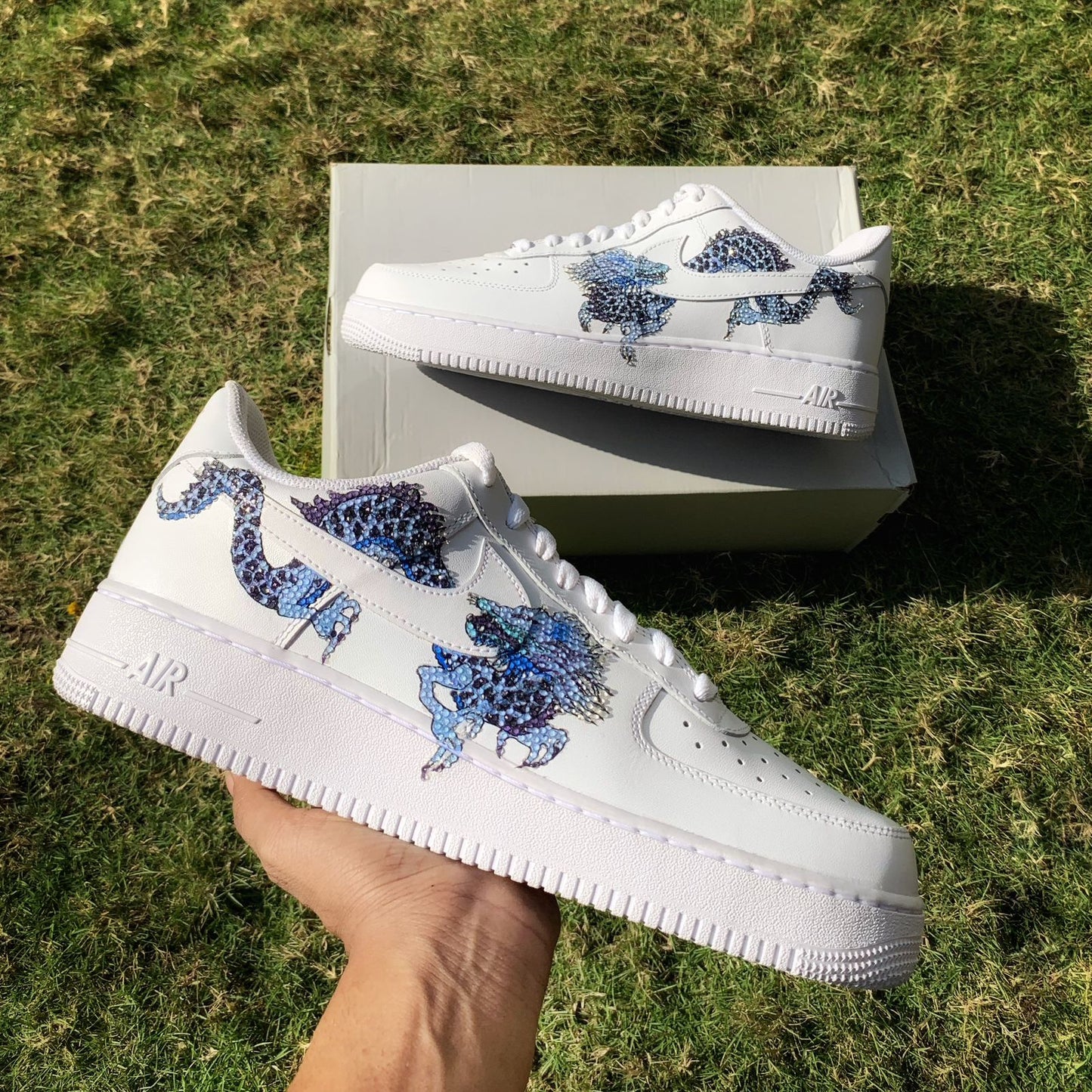 Custom Air Force 1 White With Blue Rhinestones Dragon Patterns