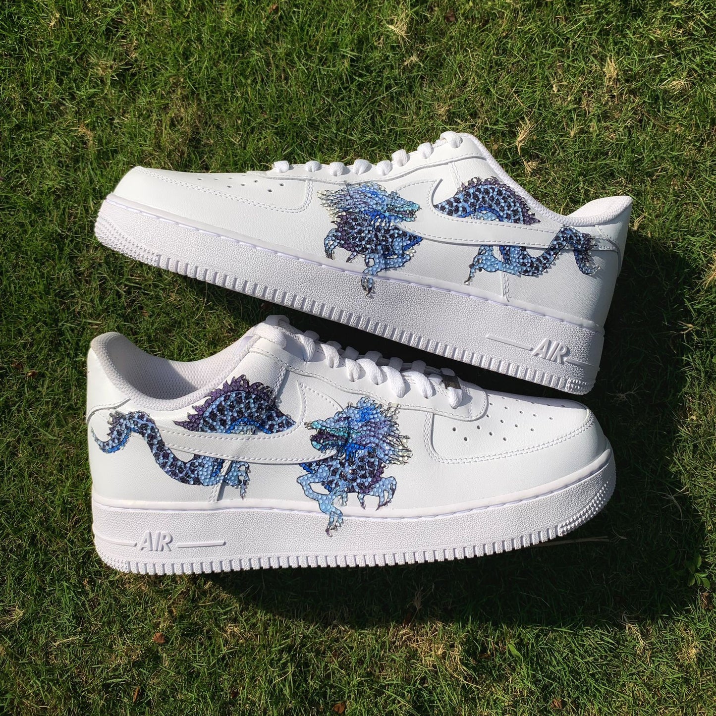 Custom Air Force 1 White With Blue Rhinestones Dragon Patterns