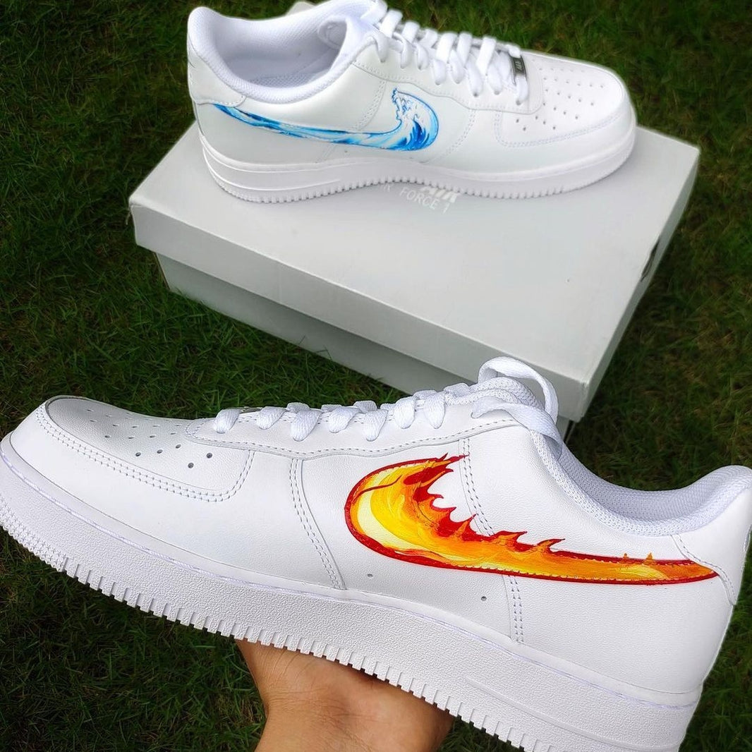 Custom Air Force 1 White With Blue Wave And Orange Flame Patterns