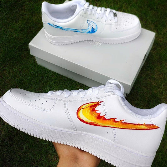 Custom Air Force 1 White With Blue Wave And Orange Flame Patterns