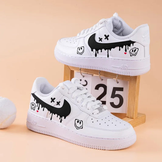 Custom Air Force 1 White with Dripping Black Logo Smiley Face Patterns