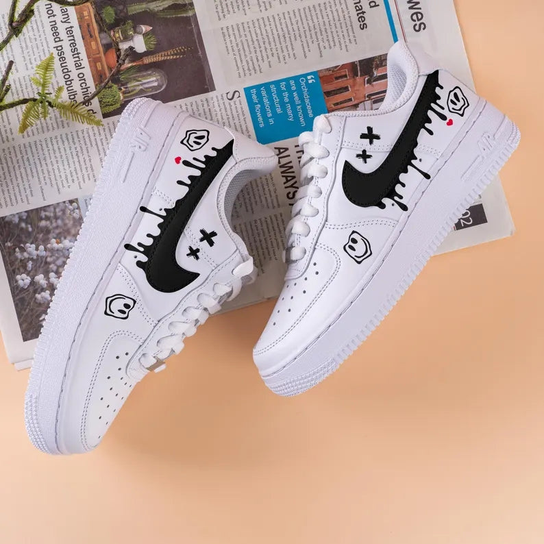 Custom Air Force 1 White with Dripping Black Logo Smiley Face Patterns