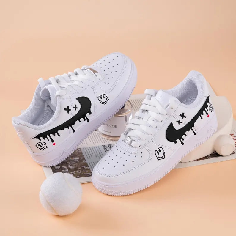 Custom Air Force 1 White with Dripping Black Logo Smiley Face Patterns