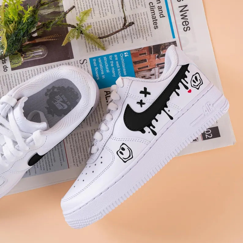 Custom Air Force 1 White with Dripping Black Logo Smiley Face Patterns
