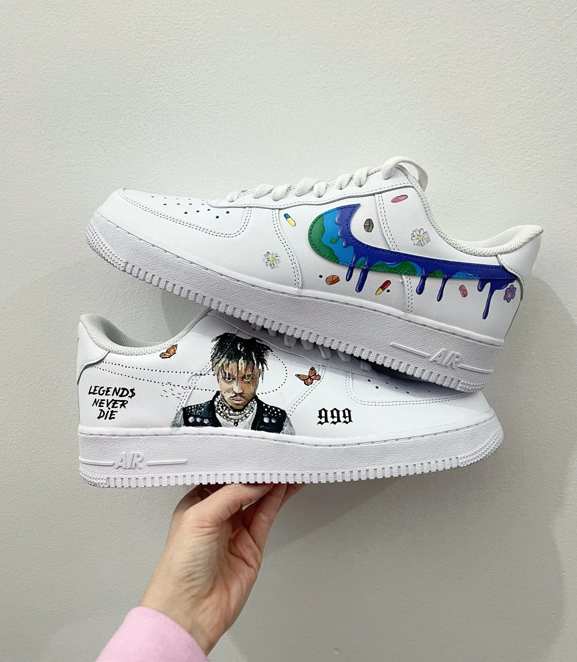 Custom Air Force 1 White with Dripping Logo Butterflies And Portrait Design