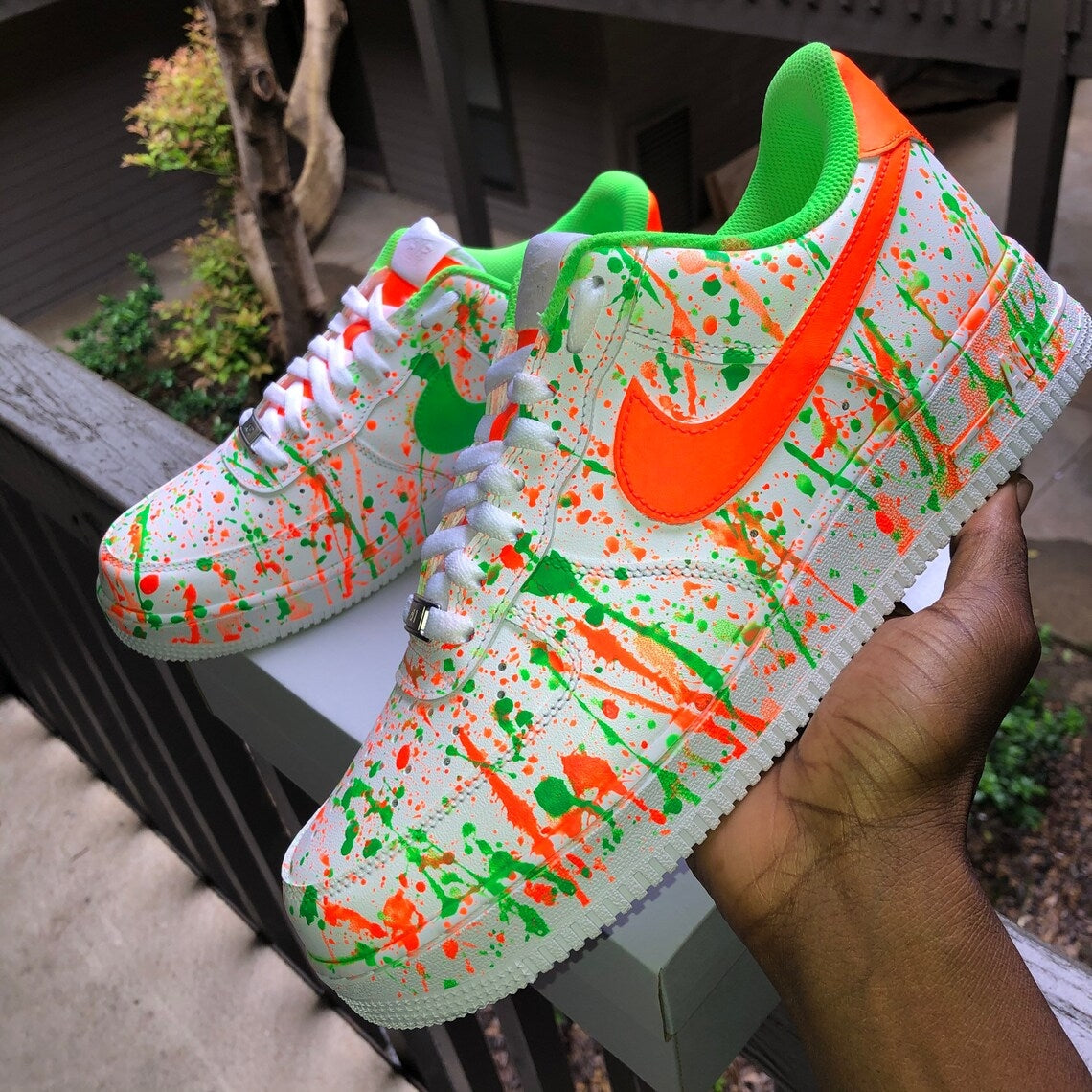 Custom Air Force 1 White With Green And Orange Splatter