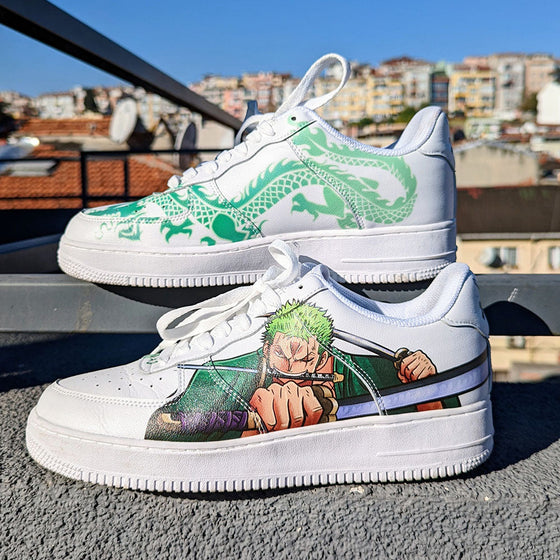 Custom Air Force 1 White With One - Piece Character And Green Dragon