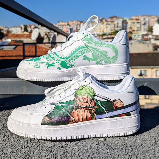 Custom Air Force 1 White With One - Piece Character And Green Dragon