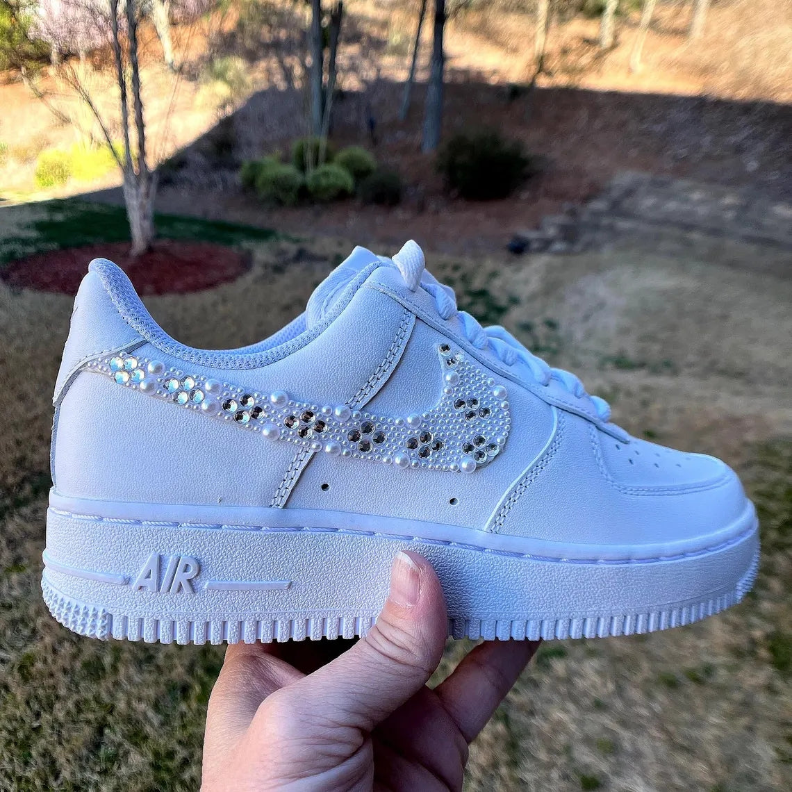 Custom Air Force 1 White with Pearl And Rhinestone Embellishments Wedding Shoes