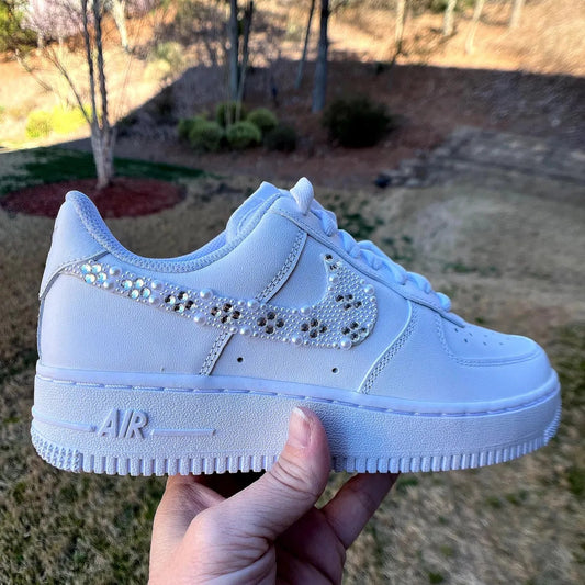 Custom Air Force 1 White with Pearl And Rhinestone Embellishments Wedding Shoes