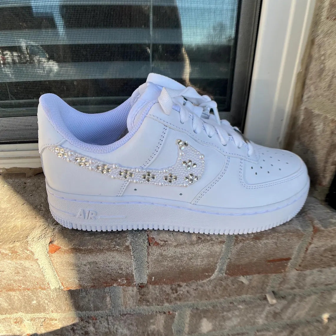 Custom Air Force 1 White with Pearl And Rhinestone Embellishments Wedding Shoes