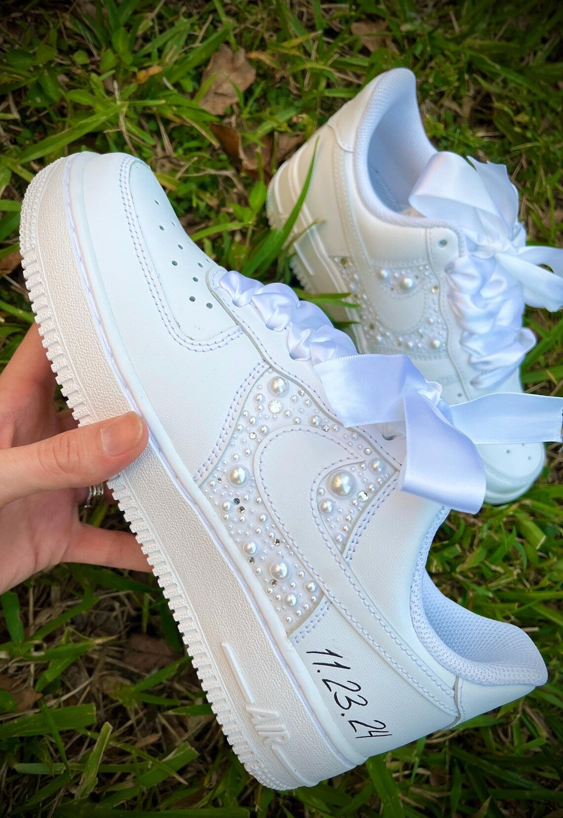 Custom Air Force 1 White with Pearl Embellishments And Satin Ribbons