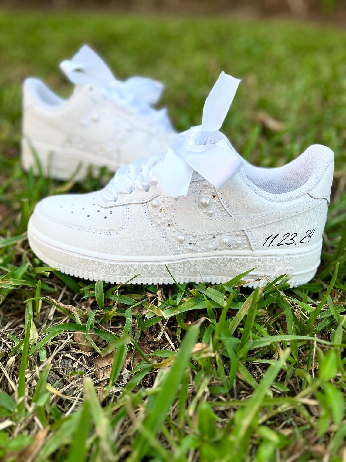 Custom Air Force 1 White with Pearl Embellishments And Satin Ribbons