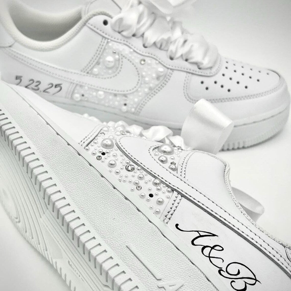 Custom Air Force 1 White with Pearl Embellishments And Satin Ribbons