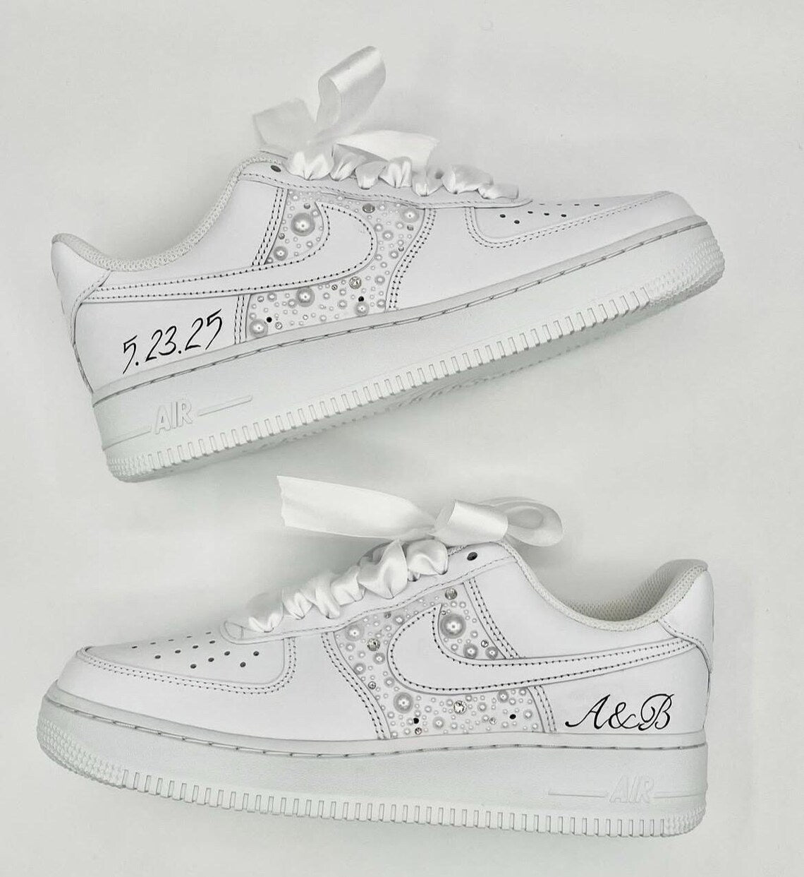 Custom Air Force 1 White with Pearl Embellishments And Satin Ribbons