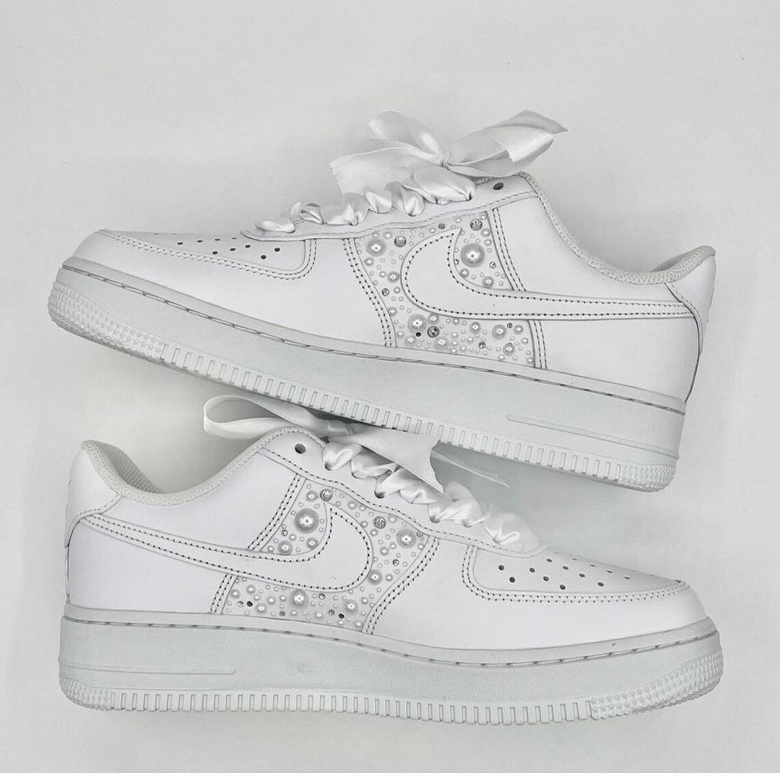 Custom Air Force 1 White with Pearl Embellishments And Satin Ribbons