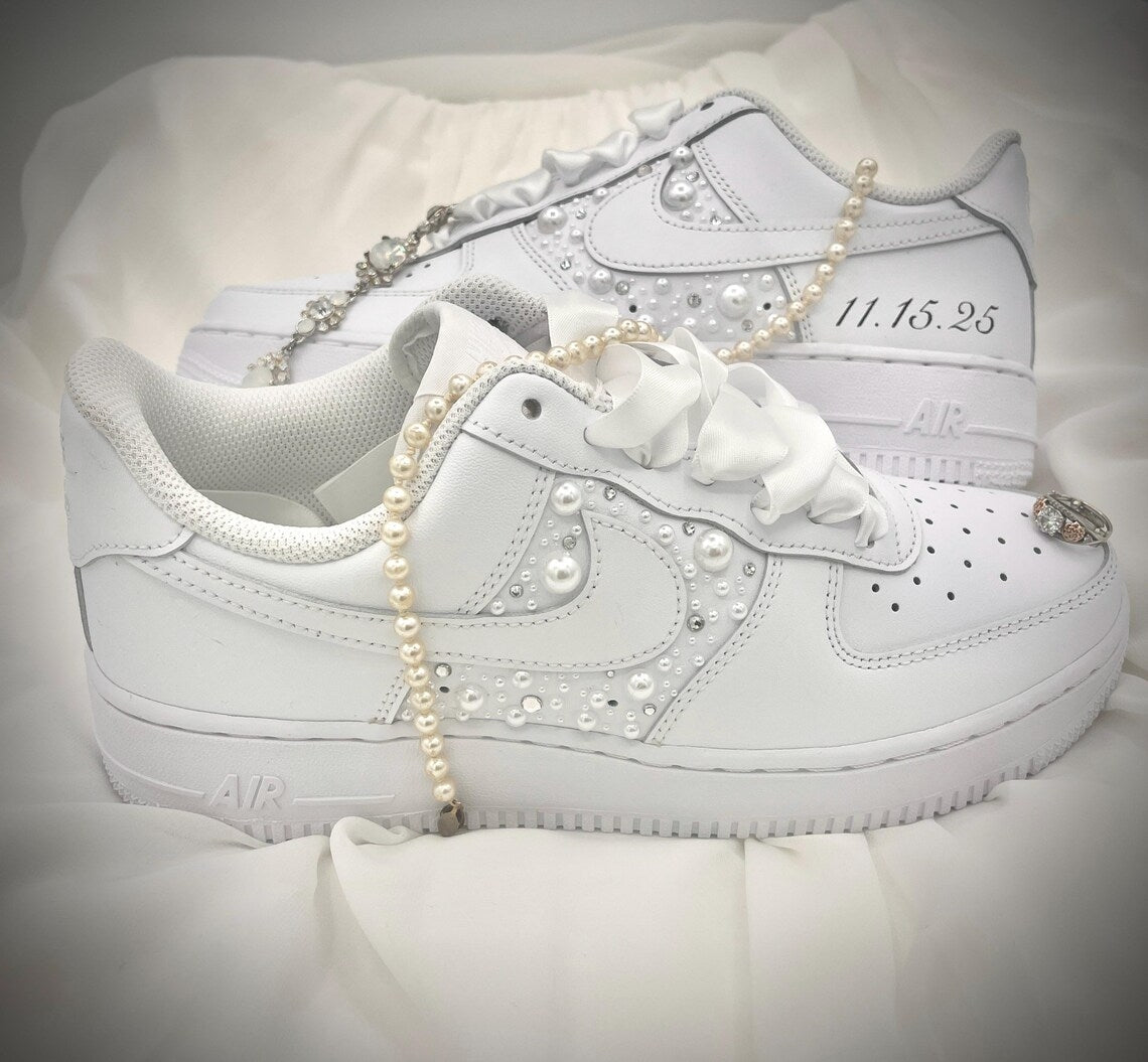 Custom Air Force 1 White with Pearl Embellishments And Satin Ribbons