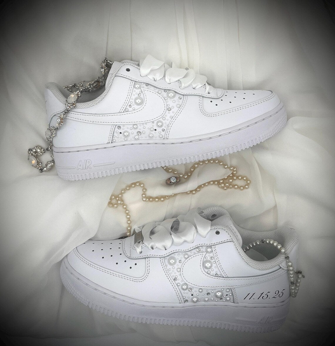 Custom Air Force 1 White with Pearl Embellishments And Satin Ribbons