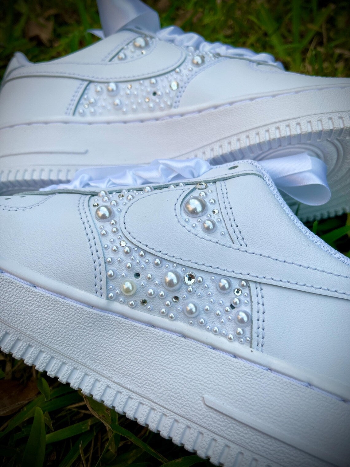 Custom Air Force 1 White with Pearl Embellishments And Satin Ribbons