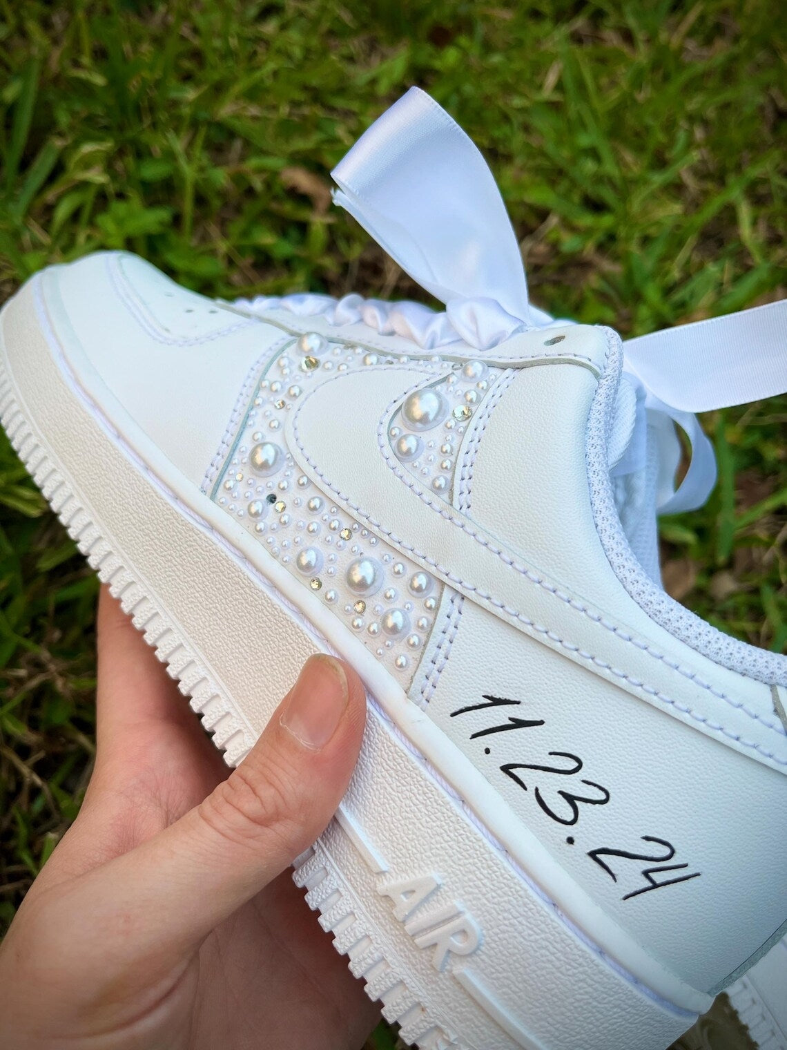 Custom Air Force 1 White with Pearl Embellishments And Satin Ribbons