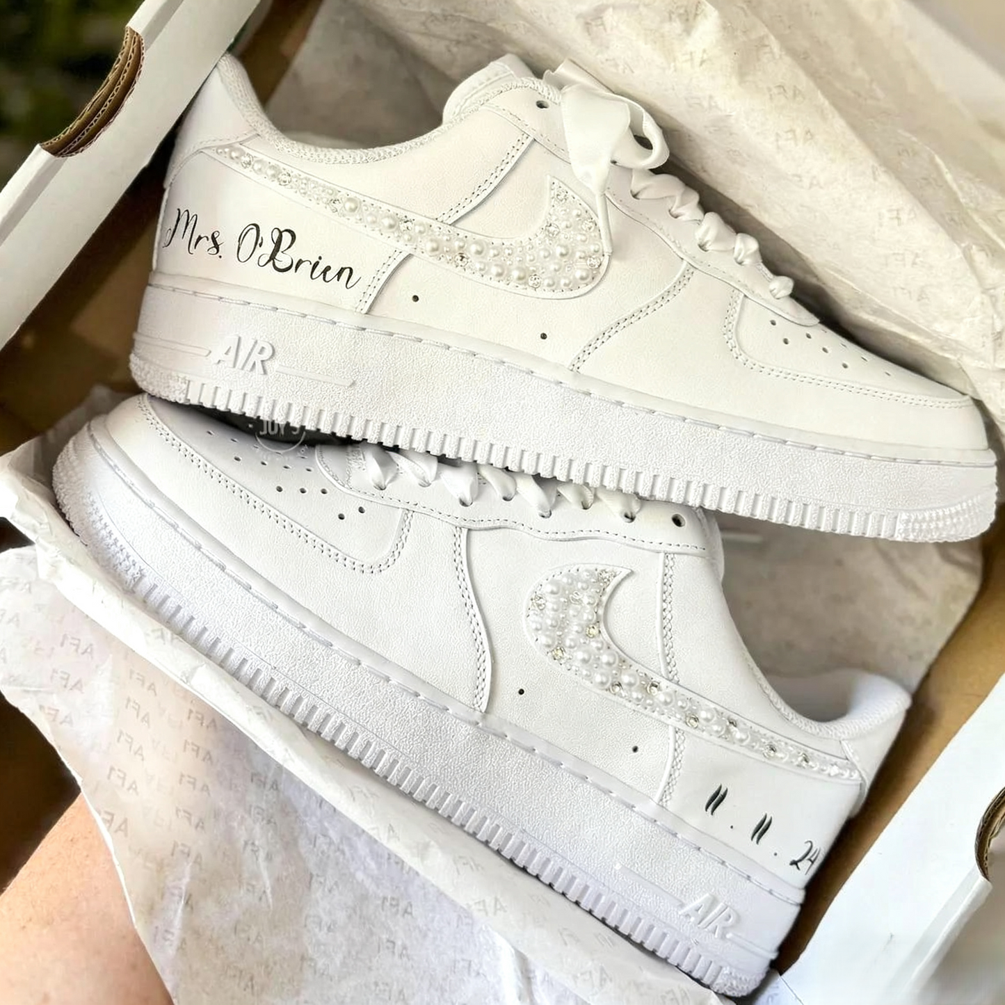 Custom Air Force 1 White with Pearl Rhinestones Wedding Shoes