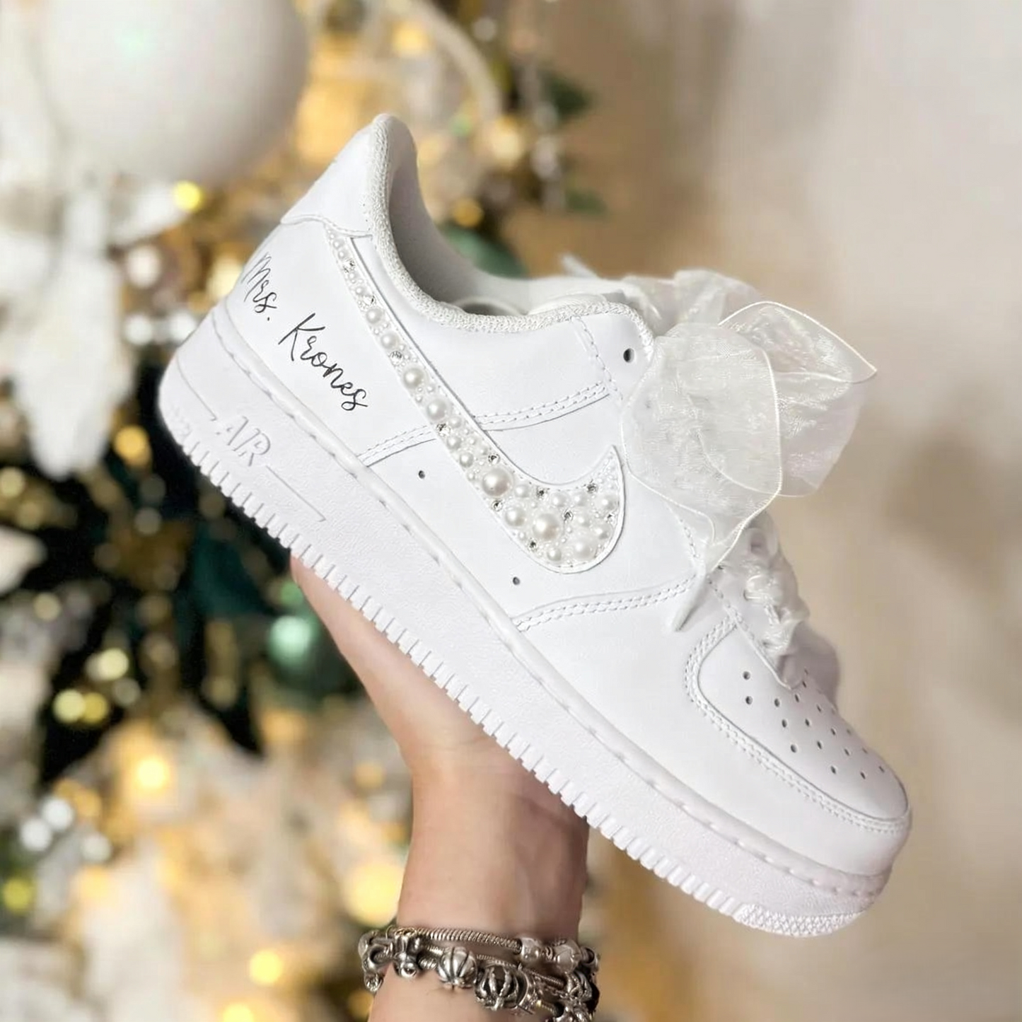 Custom Air Force 1 White with Pearl Rhinestones Wedding Shoes