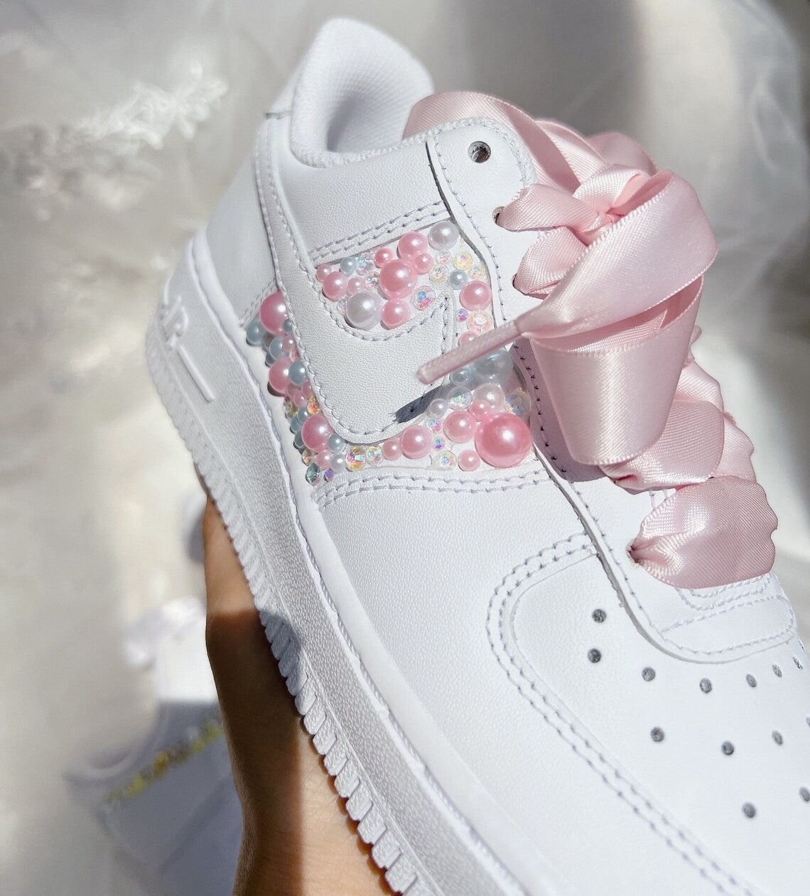 Custom Air Force 1 White With Pink Pearls And Ribbon