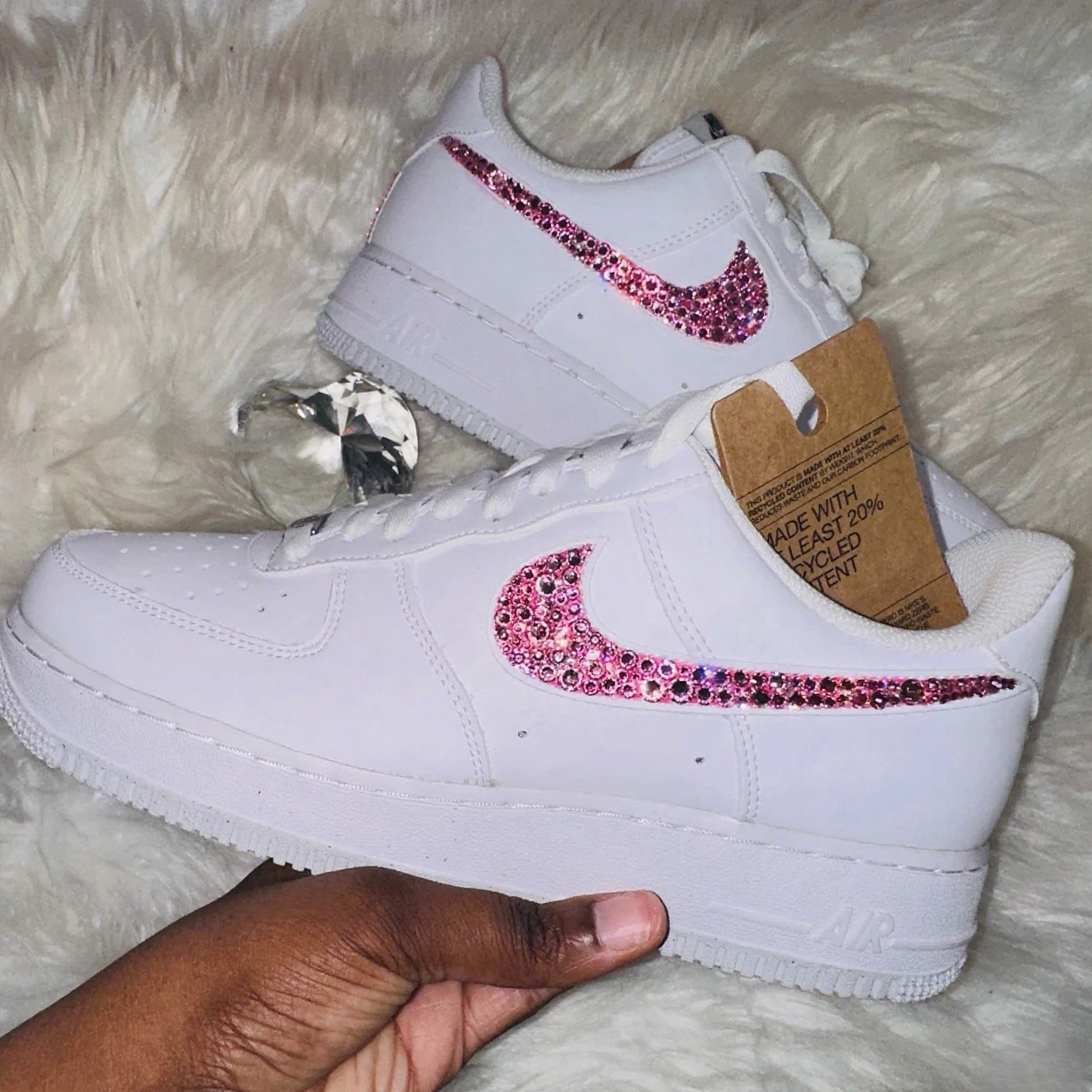 Custom Air Force 1 White With Pink Rhinestones Swoosh