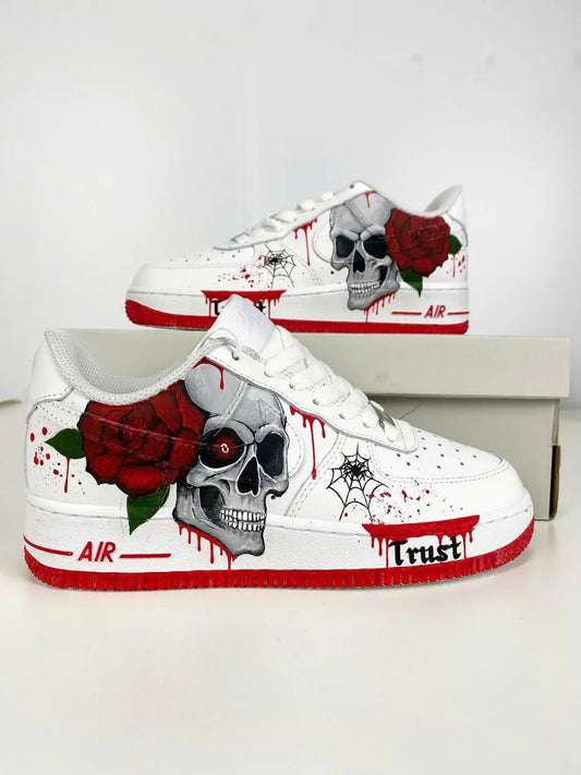 Custom Air Force 1 White with Skull Rose And Spider - Web Pattern